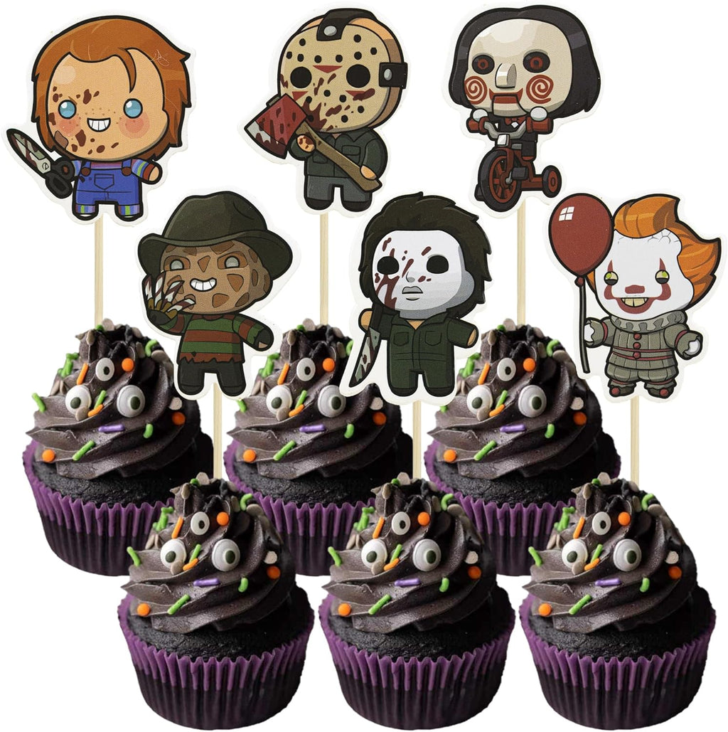 Gyufise 36Pcs Horror Movie Cupcake Toppers Horror Movie Halloween Cupcake Picks Halloween Birthday Cake Decorations for Baby Shower Birthday Party Supplies