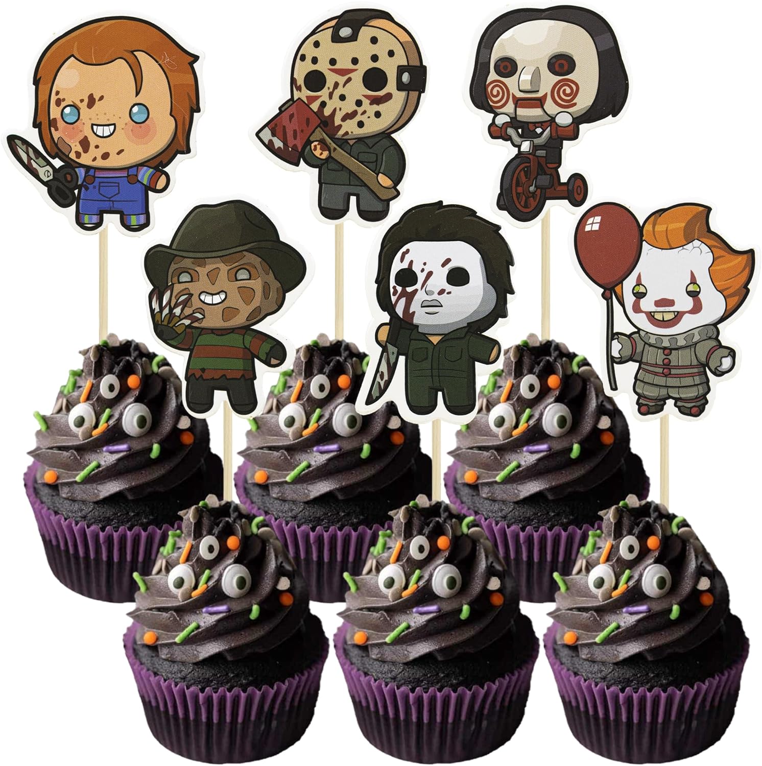 Gyufise 36Pcs Horror Movie Cupcake Toppers Horror Movie Halloween Cupcake Picks Halloween Birthday Cake Decorations for Baby Shower Birthday Party Supplies
