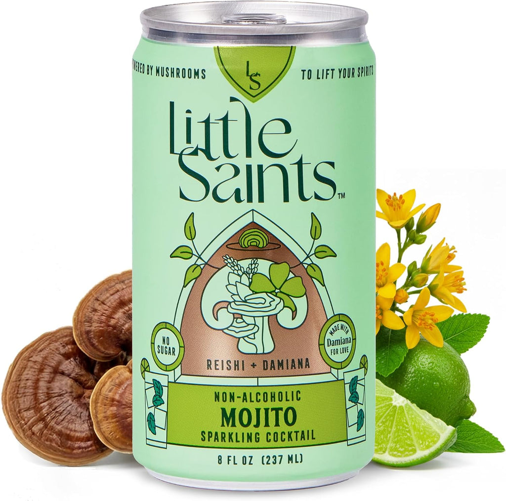 Little Saints Non-Alcoholic Mojito Mocktail | Crisp Mint & Lime | Crafted with Reishi Mushroom, Damiana & Adaptogens for Calm & Ease | 5 Calories | Sugar Free, 12-Pack 8oz Cans