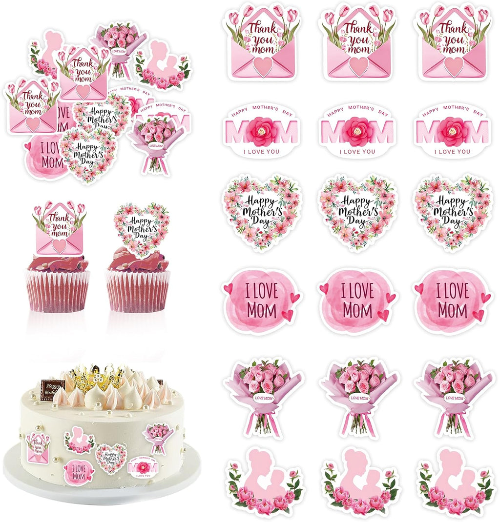48PCS Edible Happy Mothers' Day Cupcake Toppers Wafer Paper Mother Birthday Cake Picks Mother's Day Party Favors Supplies