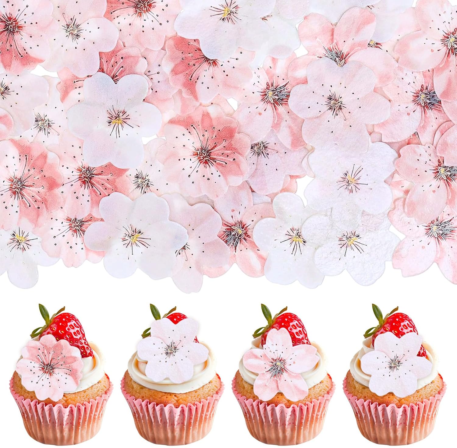 75 PCS Edible Cherry Blossoms Cupcake Toppers, Edible Cherry Blossoms Flowers Cake Decorations Wafer Paper Flowers Cupcake Topper for Wedding Baby Shower Birthday Party Anniversary Supplies