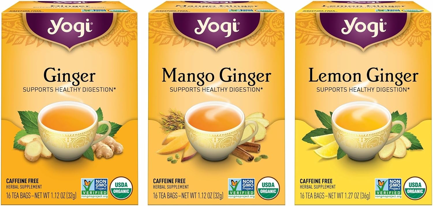 Yogi Tea Ginger Variety Sampler - 16 Bags per Pack (3 Packs) - Caffeine-Free, Organic Nausea Relief Teas – Supports Digestion - Includes Ginger, Mango & Lemon Flavors