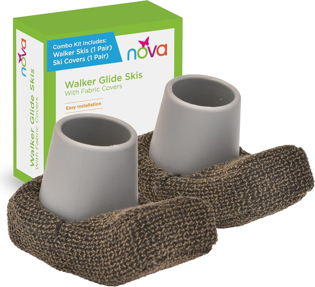 NOVA Walker Ski Glides with Fabric Covers, Universal for Folding Walkers, Easy-Glide Back Leg Sliders for Indoor & Outdoor Use, Hardwood Floor Safe, 4 PCS (1 Pair + Covers), Grey