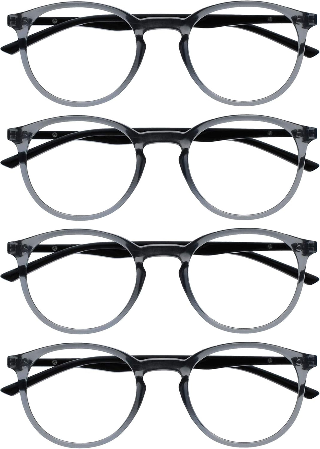 OPULIZE MET Reading Glasses for Women Men, Slim Round Frame with Spring Hinges and Scratch Resistant, Grey +1 (Pack of 4)