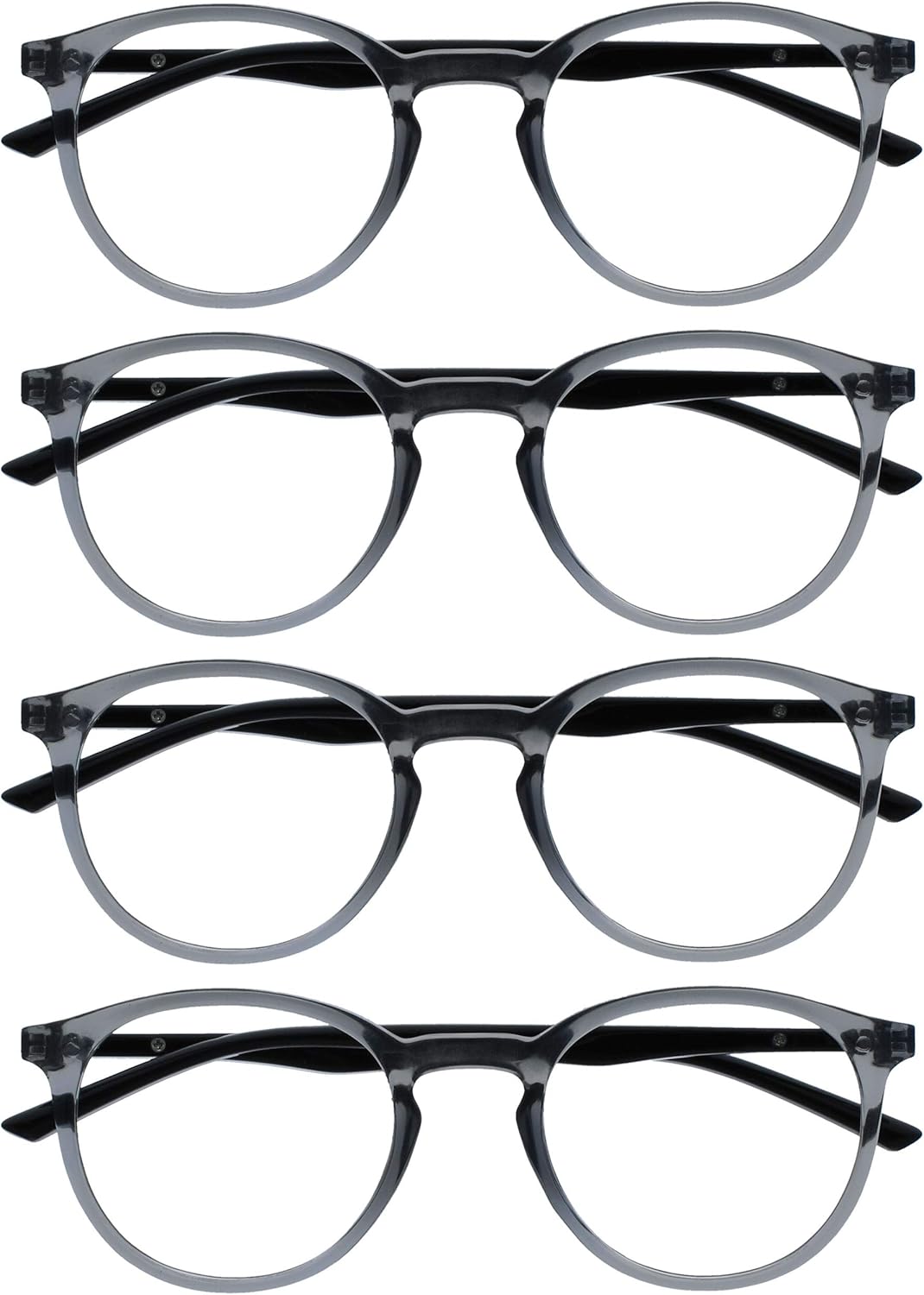 OPULIZE MET Reading Glasses for Women Men, Slim Round Frame with Spring Hinges and Scratch Resistant, Grey +3 (Pack of 4)