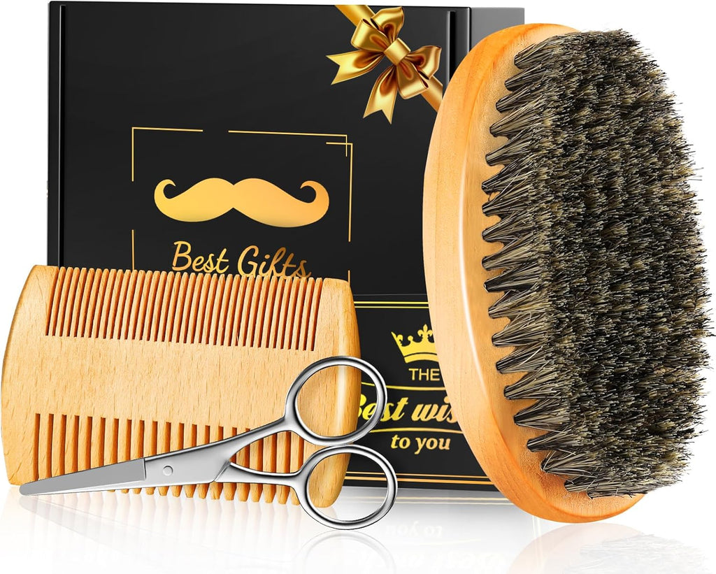Beard Brush Beard Comb Set for Men Dad: Beard Care Kit Mens Gifts, Natural Boar Bristle Brush Pear Wood Comb, Great for Travel Facial Hair Grooming as a Styling Tool, Growth, Detangles, Shine