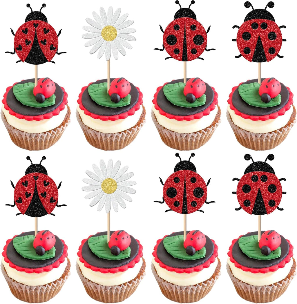 24 Pack Ladybug Cupcake Toppers Glitter Insects Ladybug Cupcake Picks Baby Shower Kids 1st Birthday Flowers Party Cake Decorations Supplies