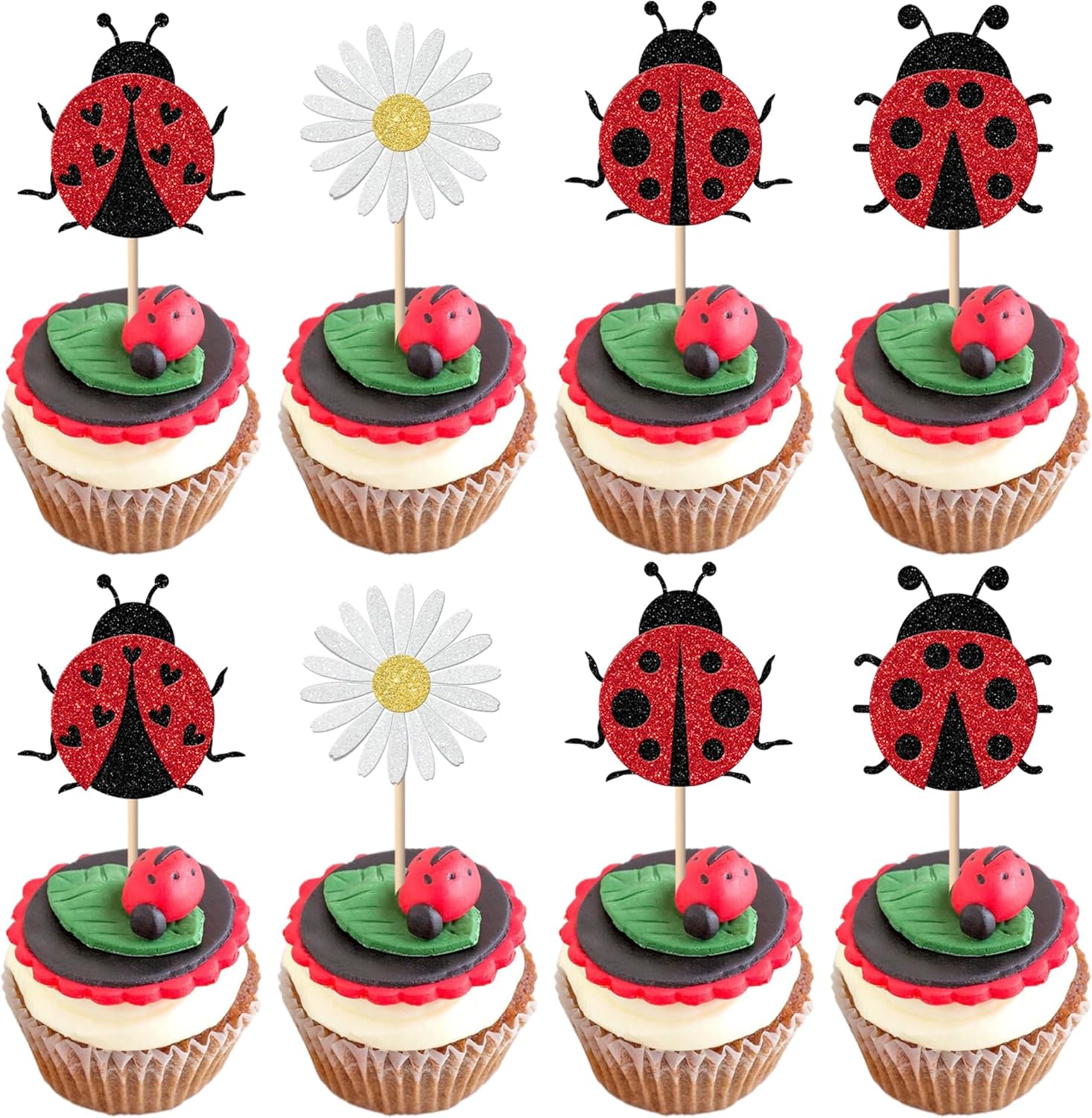 24 Pack Ladybug Cupcake Toppers Glitter Insects Ladybug Cupcake Picks Baby Shower Kids 1st Birthday Flowers Party Cake Decorations Supplies