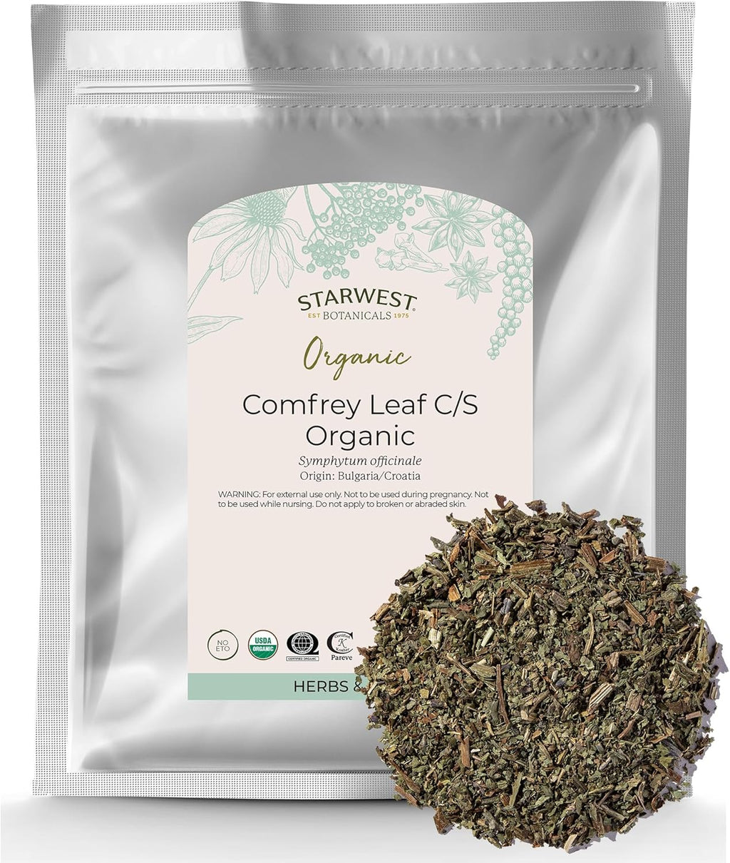 Starwest Botanicals Organic Comfrey Leaf Cut and Sifted - Dried Comfrey Plant for Hair, Oil, Skin Salves, and Topical Application, Certified Kosher, Non-GMO - Bulk 1 lb Bag