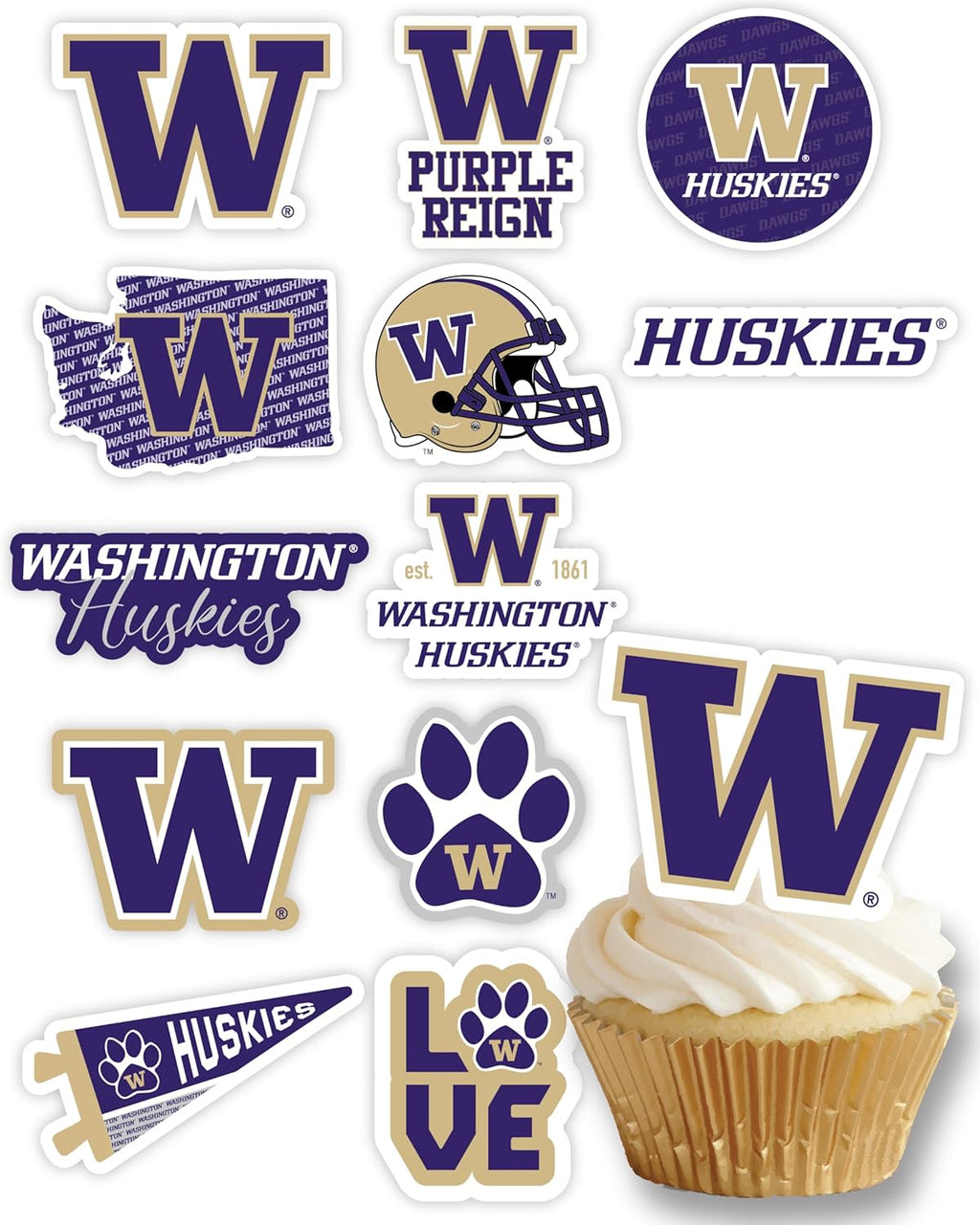 Washington Cupcake Topper Party Supplies for Football, Birthday, Graduation Party Decorations (24 Pieces) (Washington Huskies)
