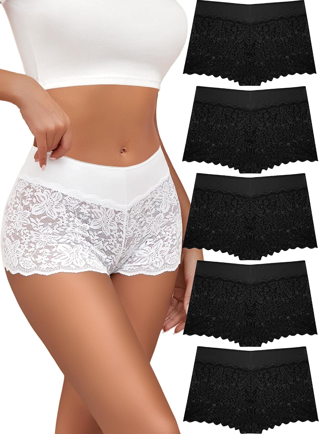 ALL OF SHE Lace Boyshort Sexy Underwear Womens Panties Cheeky Plus Size Lingerie Stretch Cotton Waistband S-3XL 5 Pack