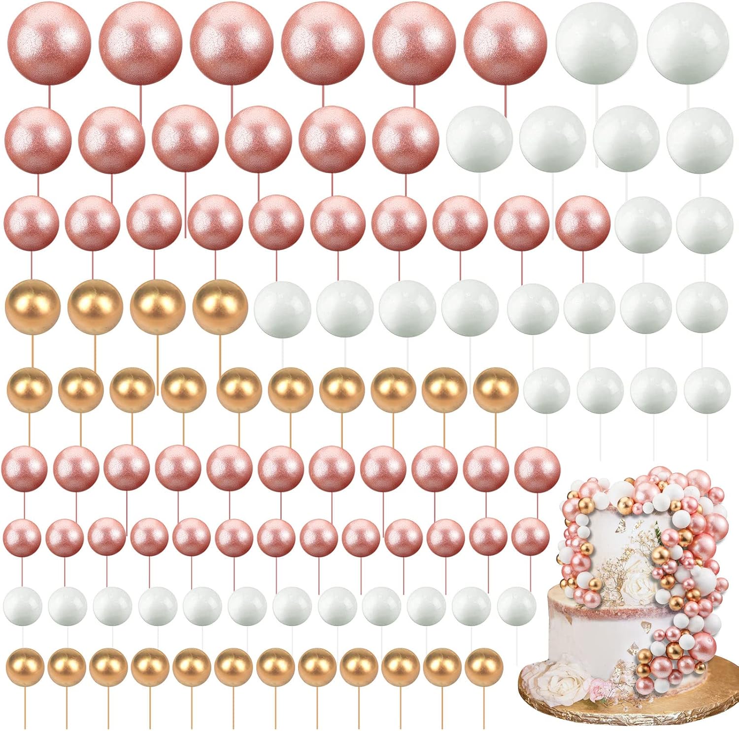 108 Pcs Graduation Balls Cake Topper DIY Cupcake Insert Foam Balloons for Cake Baking Wedding Anniversary Birthday Decoration(Rose Gold, White, Gold,Multi Sizes)