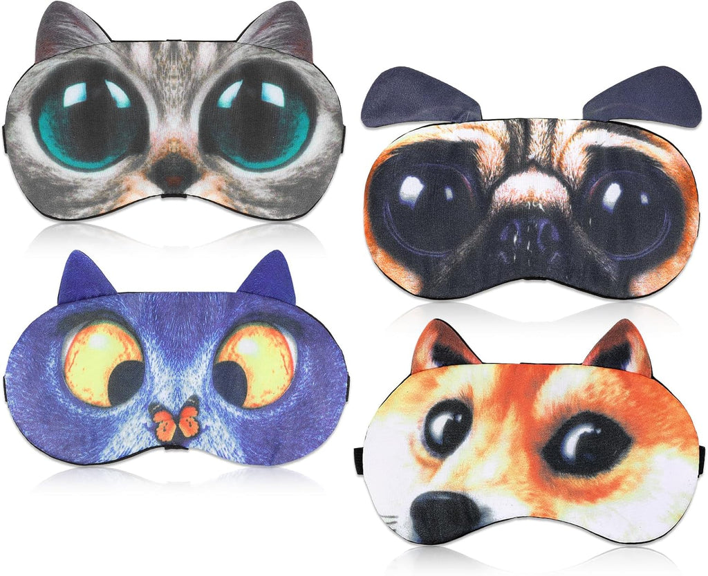 4 Pcs Funny Sleep Mask Cute Animal Blindfolds Cat Dog Sleeping Eye Cover Soft Travel Nap Blindfolds with Adjustable Strap for Men Women Party Game Plane Works Night Sleeping