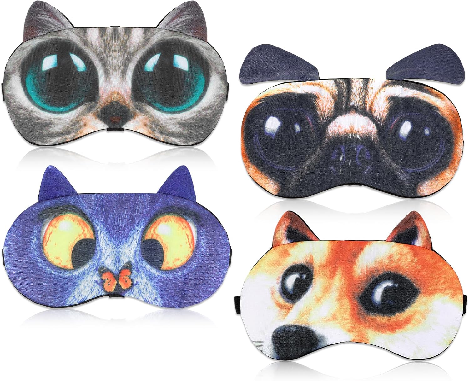 4 Pcs Funny Sleep Mask Cute Animal Blindfolds Cat Dog Sleeping Eye Cover Soft Travel Nap Blindfolds with Adjustable Strap for Men Women Party Game Plane Works Night Sleeping
