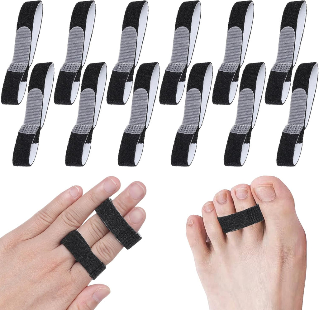 Finger Splint, 12PCS Finger Buddy Straps, Adjustable Buddy tape for Broken Toe, Sprained Fingers Support, Finger Support, Arthritis Finger Splint Rings, Black