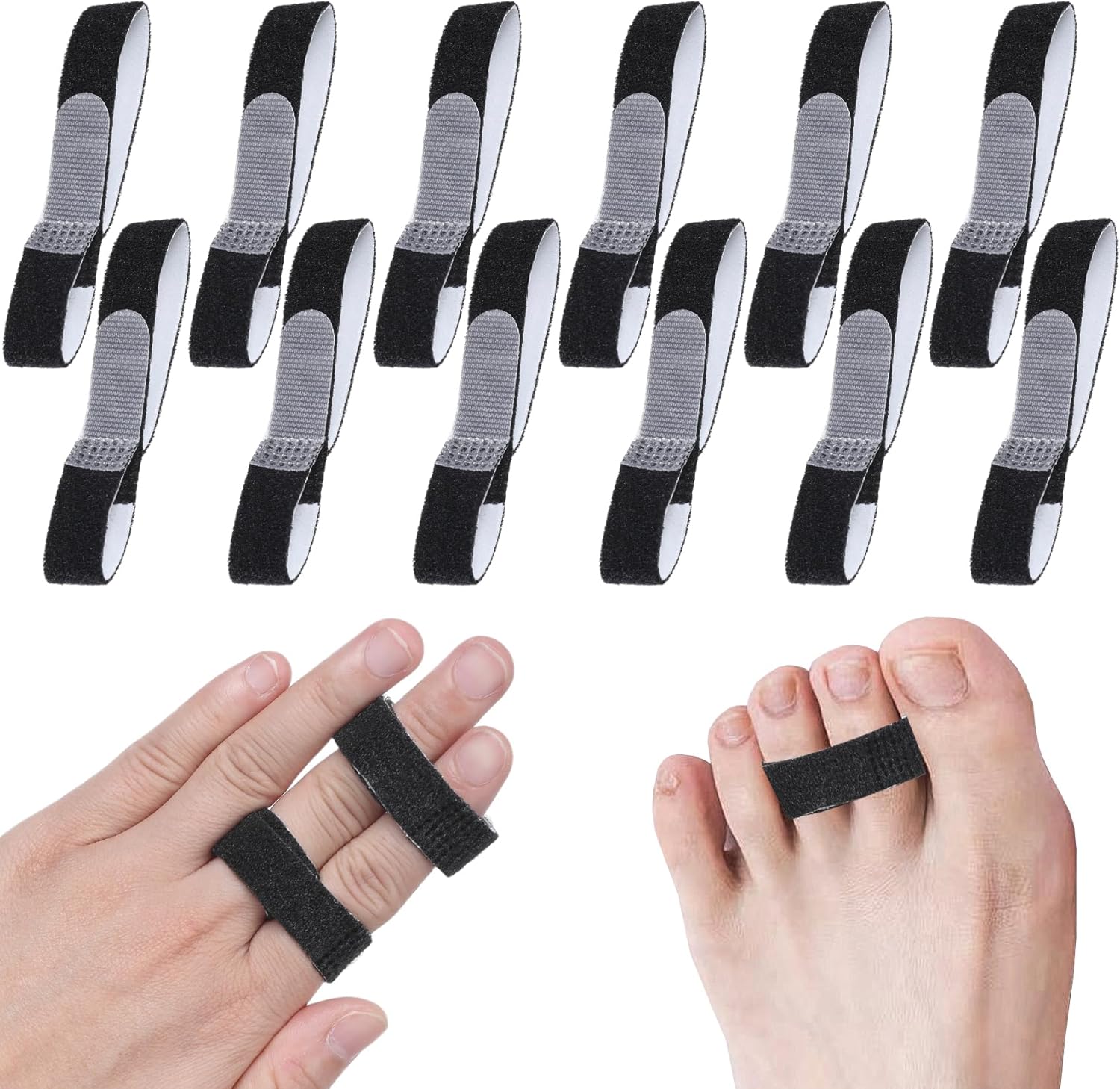 Finger Splint, 12PCS Finger Buddy Straps, Adjustable Buddy tape for Broken Toe, Sprained Fingers Support, Finger Support, Arthritis Finger Splint Rings, Black