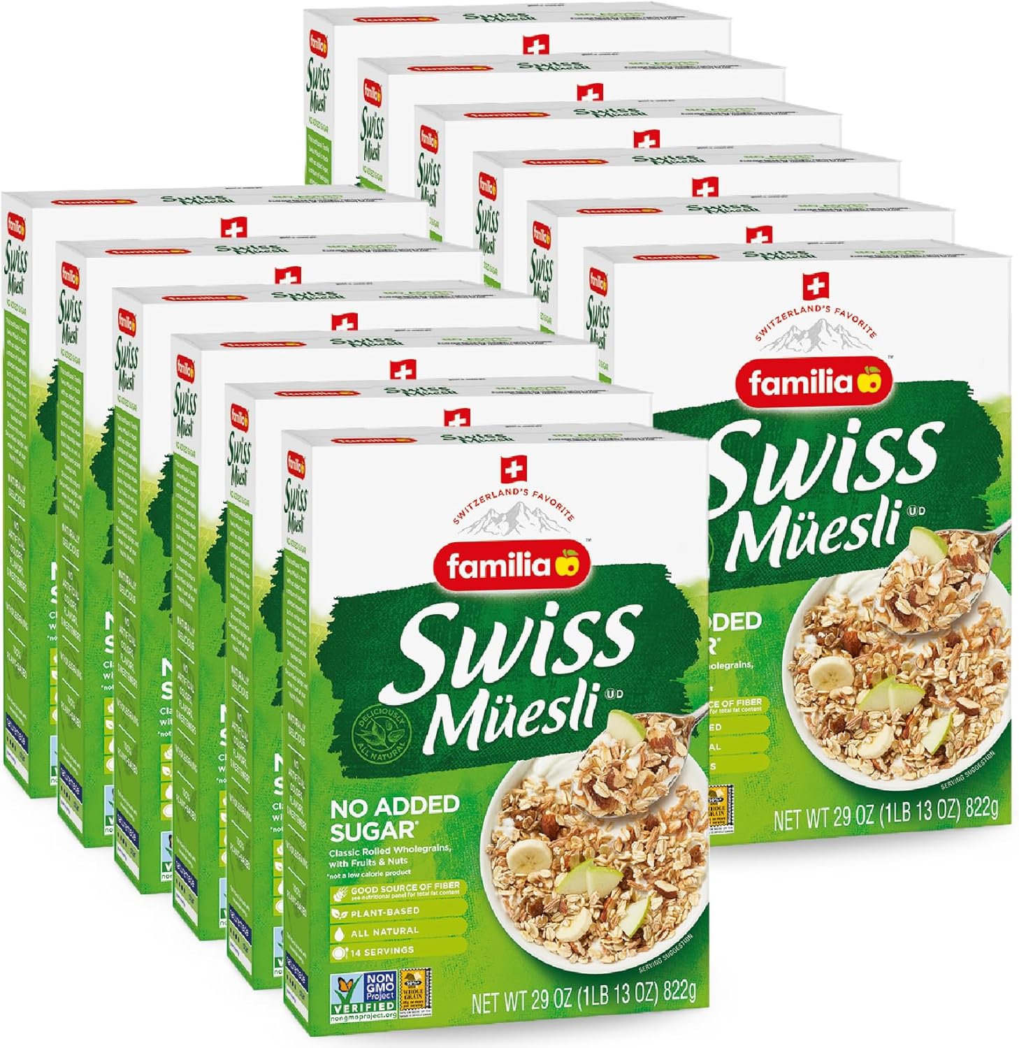 Familia Swiss Muesli Cereal, 0g Added Sugar, Energy-Packed Cereal with Raisins, Hazelnuts and Almonds, 12 Ounce Box (Pack of 12)