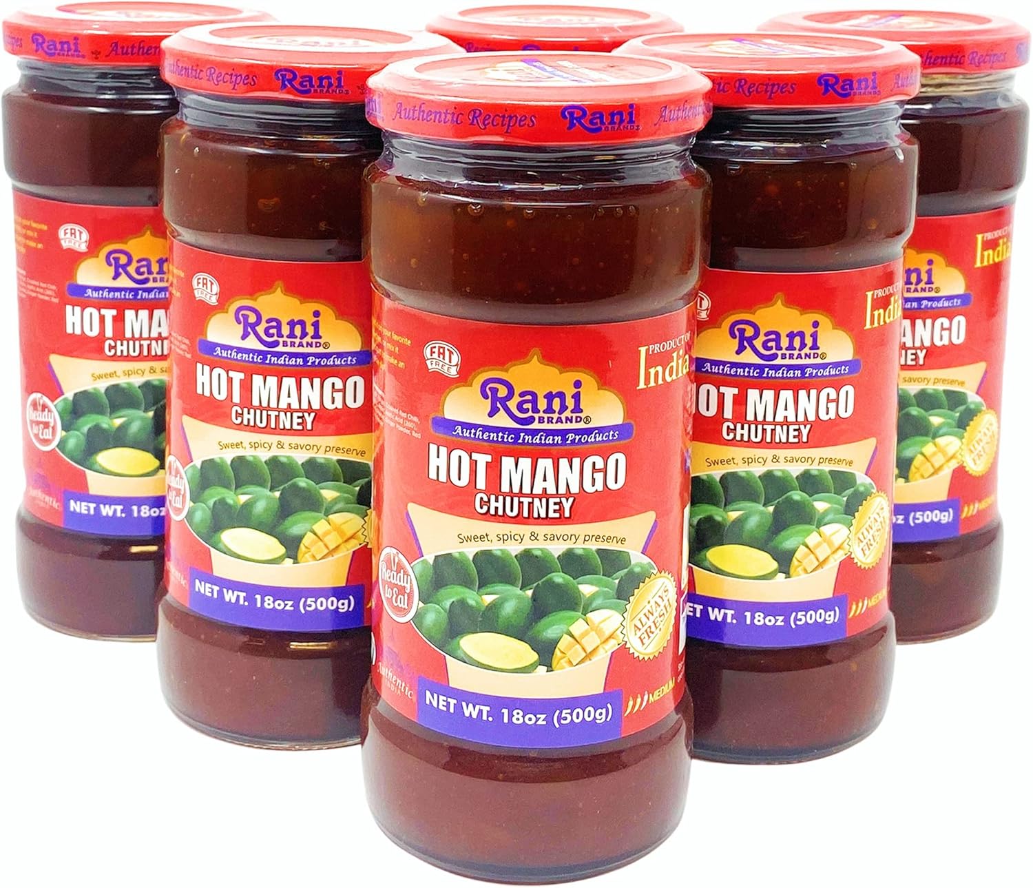 Rani Hot Mango Chutney (Spicy Indian Preserve) 18oz (1.1lbs) 500g Glass Jar, Ready to eat, Vegan, Pack of 5+1 FREE ~ Gluten Free, All Natural, NON-GMO