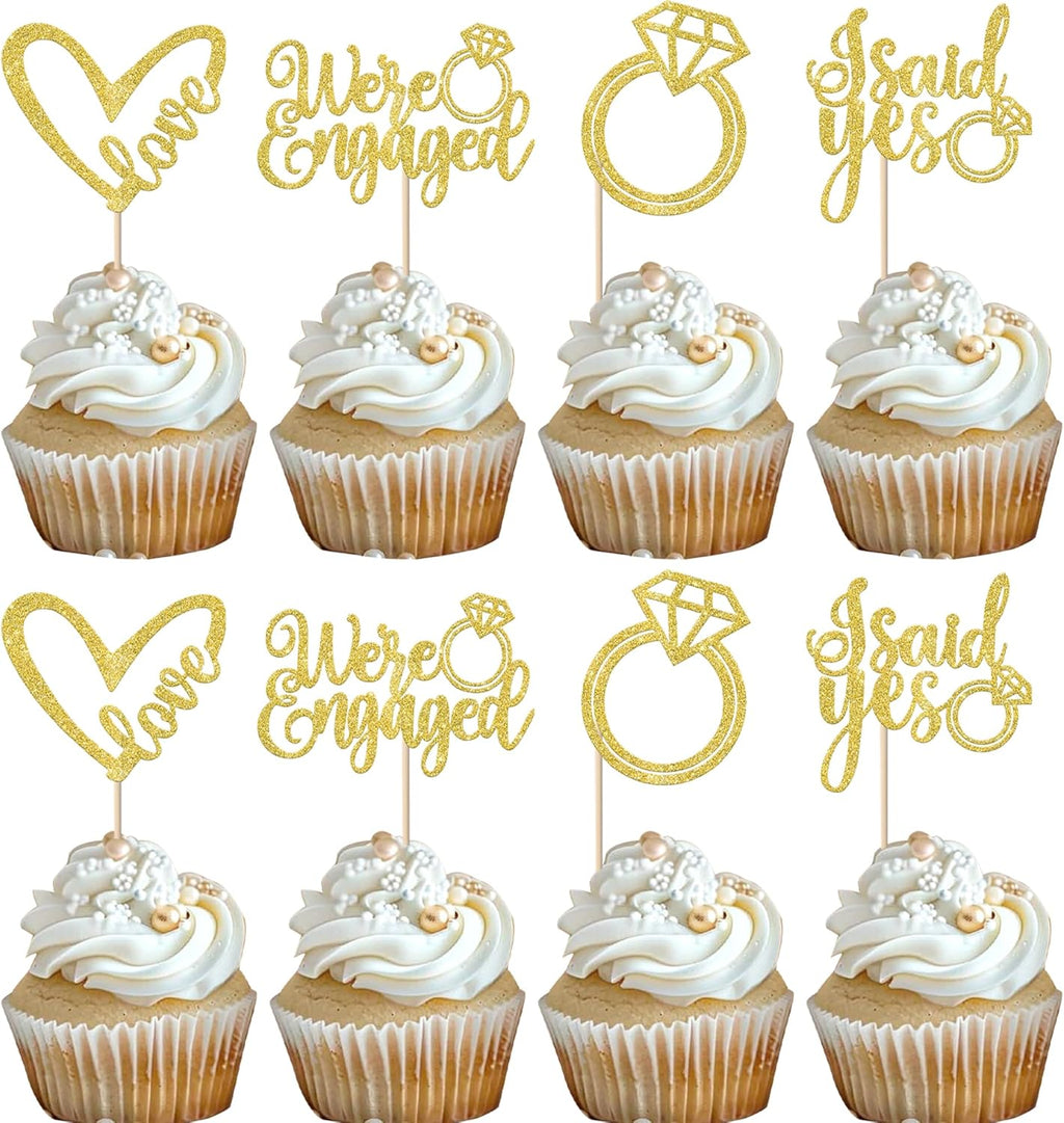 Rsstarxi 24 Pack We're Engaged Cupcake Toppers Diamond Ring Glitter Sweet Heart Love She Said Yes Cupcake Picks for Wedding Engagement Bridal Shower Theme Party Cake Decorations Supplies Gold