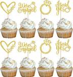Rsstarxi 24 Pack We're Engaged Cupcake Toppers Diamond Ring Glitter Sweet Heart Love She Said Yes Cupcake Picks for Wedding Engagement Bridal Shower Theme Party Cake Decorations Supplies Gold