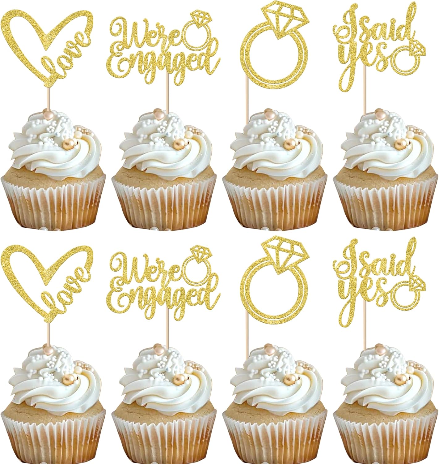 Rsstarxi 24 Pack We're Engaged Cupcake Toppers Diamond Ring Glitter Sweet Heart Love She Said Yes Cupcake Picks for Wedding Engagement Bridal Shower Theme Party Cake Decorations Supplies Gold