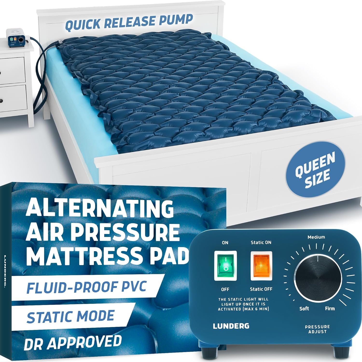 Lunderg Queen Size Alternating Air Pressure Mattress Pad with Static Mode - Comfortable Bed Sore Prevention - Includes Waterproof Mattress Topper 53" x 77" & Quiet Pump - Doctors Recommended