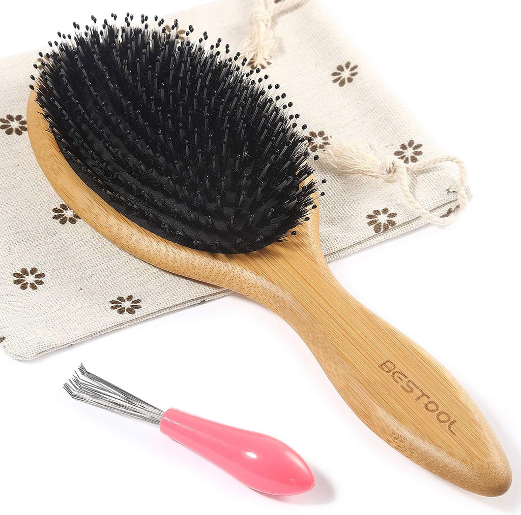 BESTOOL Hair Brush-Boar Bristle Hair Brushes Natural Bamboo Wooden Cushion Massage Anti Static Large Paddle Hairbrush for Women Men and Kid (Round)