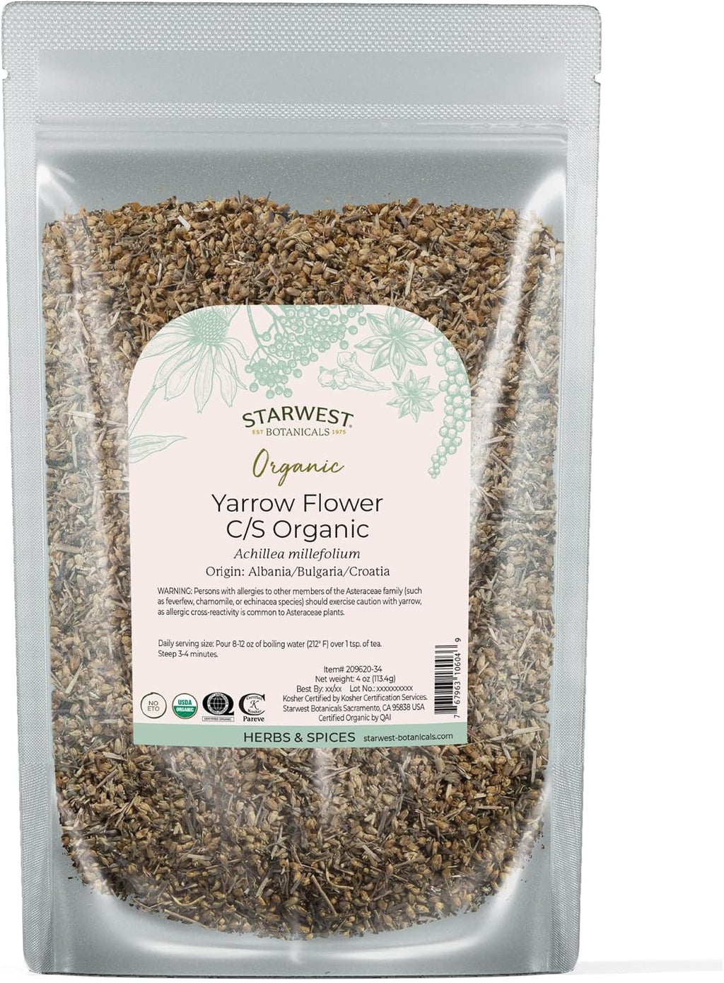Starwest Botanicals Organic Yarrow Flowers - Dried Loose Leaf Herb for Tea, Cut & Sifted, Certified Kosher, Non-GMO - 4 oz Bag