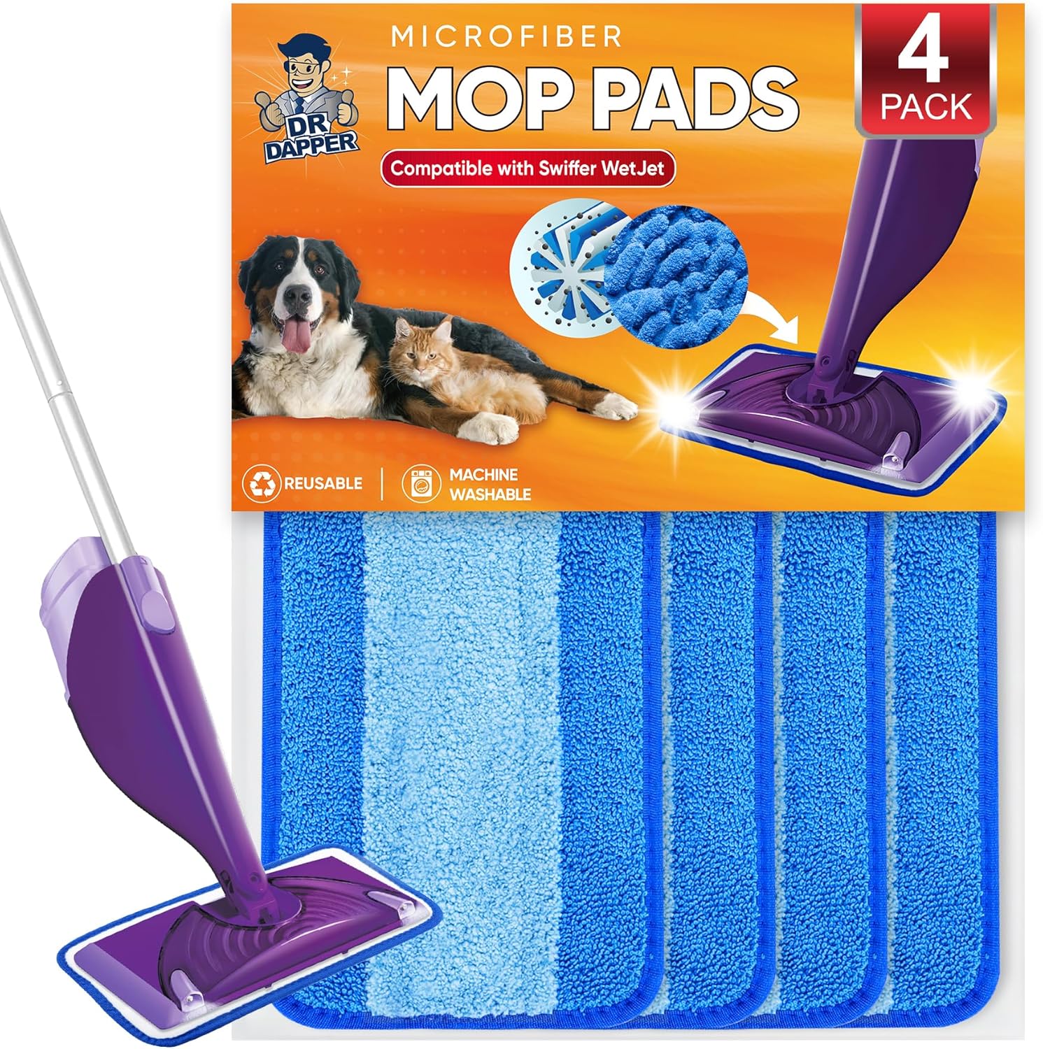DR DAPPER Reusable Wet Jet Pads Compatible with Swiffer WetJet Mop, 4 Pack Wet Jet Refills, Reusable Wet Pads, Microfiber Mop Pad Refills for Floor Mopping and Cleaning, Wet & Dry Use Refills, Blue