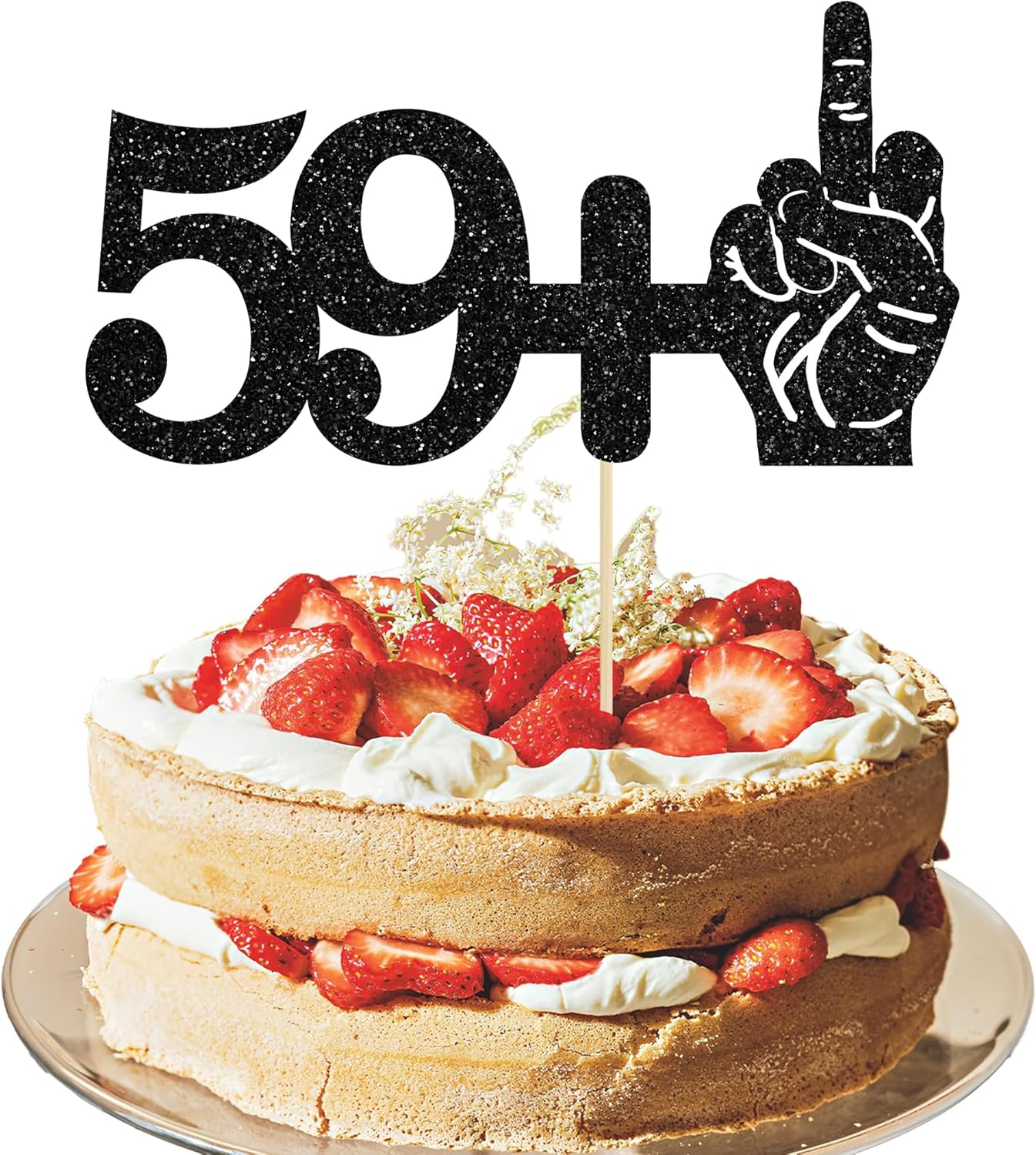 Ephlyn 1Pc 59+1 Middle Finger Black Glitter Cake Topper 60th Birthday Party Cake Decorations for Funny Sixty Years Old Birthday Party Supplies