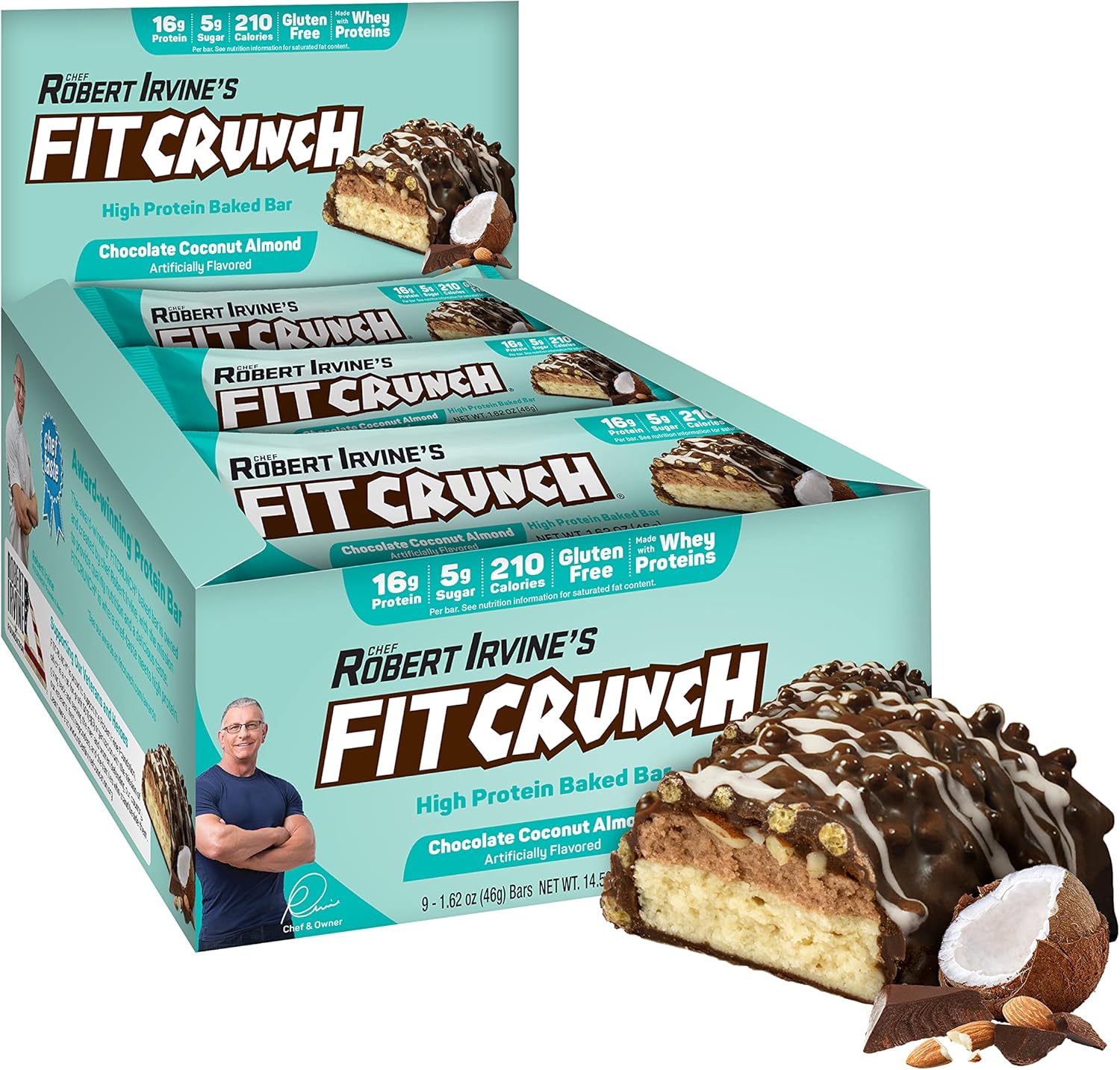 FITCRUNCH Snack Size Protein Bars, 6-Layer Baked Bar, 5g of Sugar & Soft Cake Core (9 Bars, Chocolate Coconut Almond)