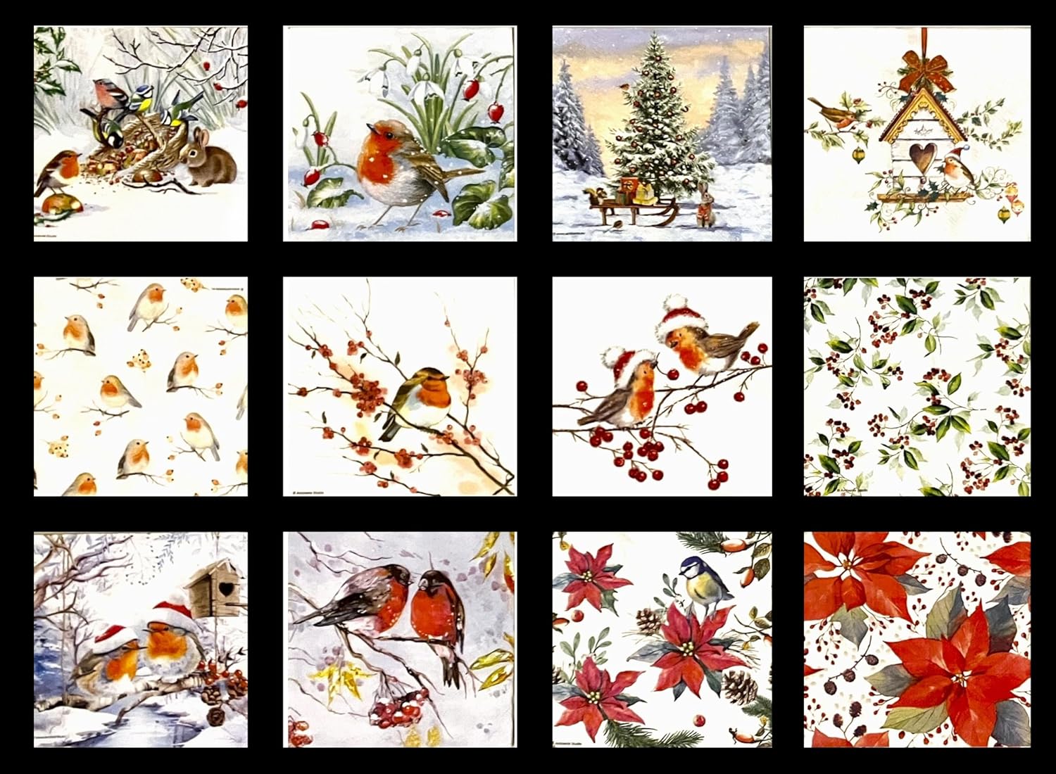 12 Styles Assorted Christmas Napkins for Decoupage - Variety of Winter Bird Designs - Decorative Paper for Beautiful Holiday Crafts - 1 Each 6.5