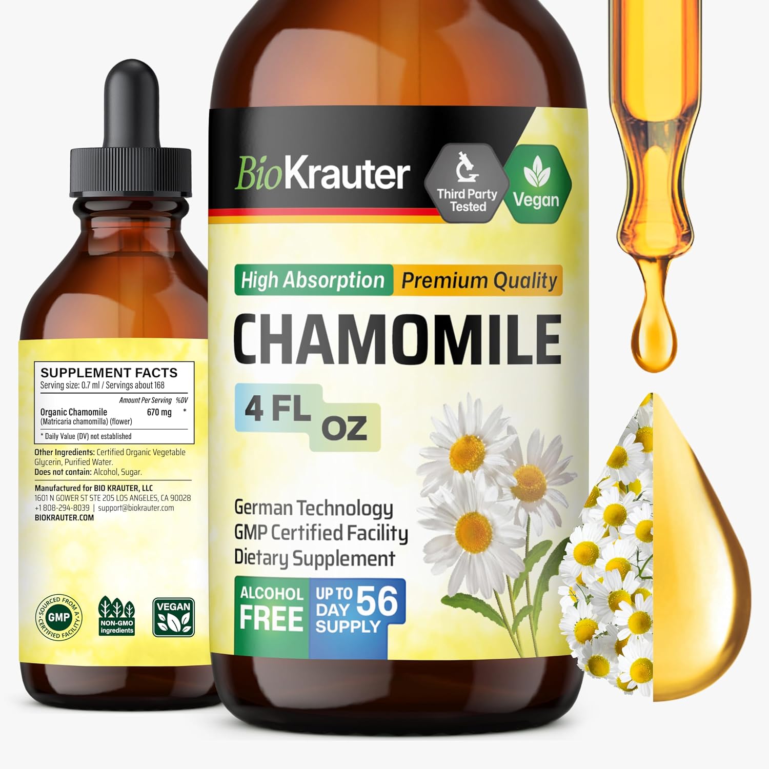 BIO KRAUTER® Chamomile Extract for Sleep Support - Natural Calm Liquid Drops Used for All Ages - Chamomile Supplement for Relax - 670 mg per Serving 4 Fl.Oz, 56-Day Supply, Alcohol & Sugar Free