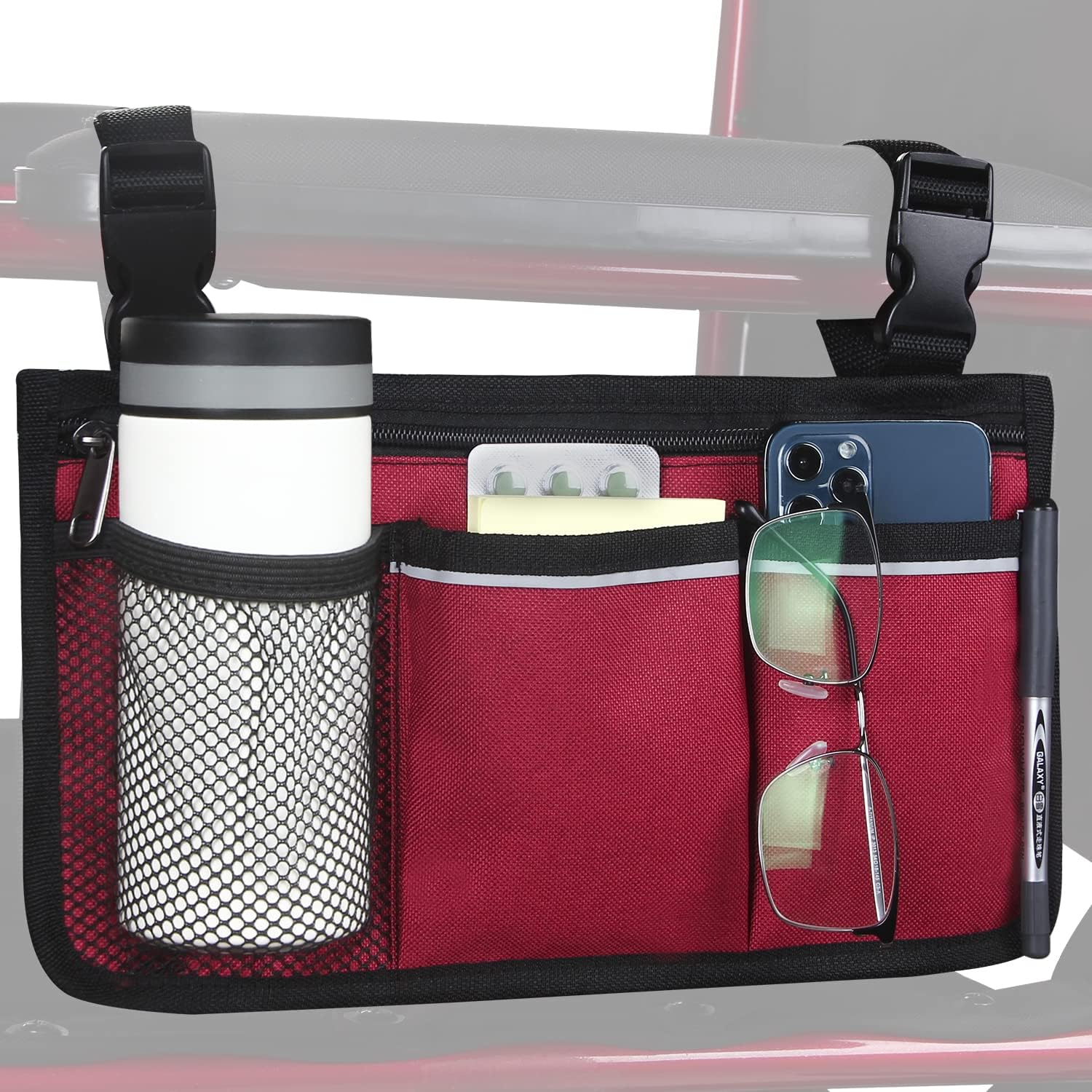 Wheelchair Side Bag, Wheelchair Armrest Storage Pouch with Cup Holder Use of Waterproof Fabric, for Most Wheelchairs, Walkers or Rollators (Red)