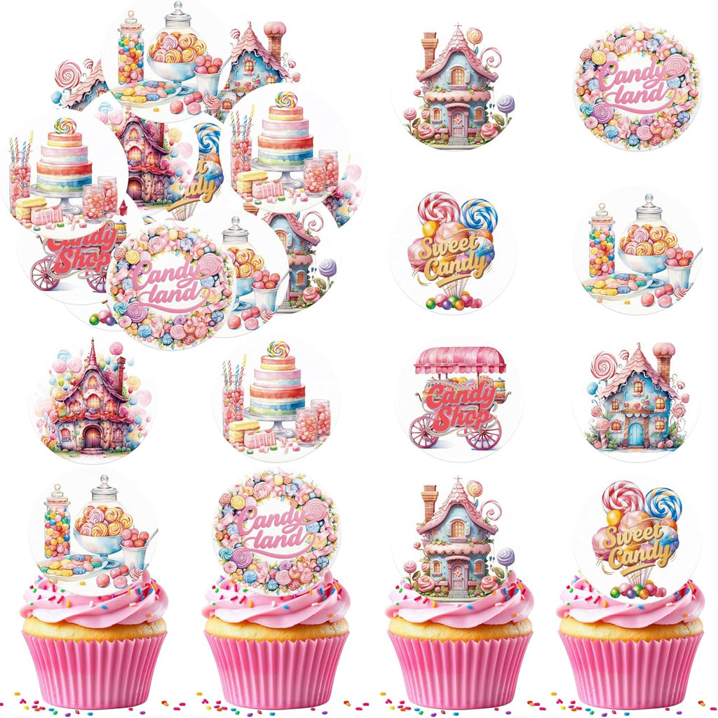 36PCS Edible Candyland Cupcake Toppers Wafer Paper Sweet Candy Cupcake Decor Wafer Sheet Edible Candy Dessert Picks for Candy Theme Birthday Baby Shower Party Decor