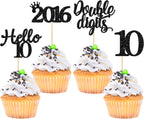 Gyufise 24 Pack Black Glitter Happy 10th Birthday Cupcake Toppers 10 Ten Hello 10 Double Dights Since 2016 Cupcake Picks for 10th Birthday Party Decorations
