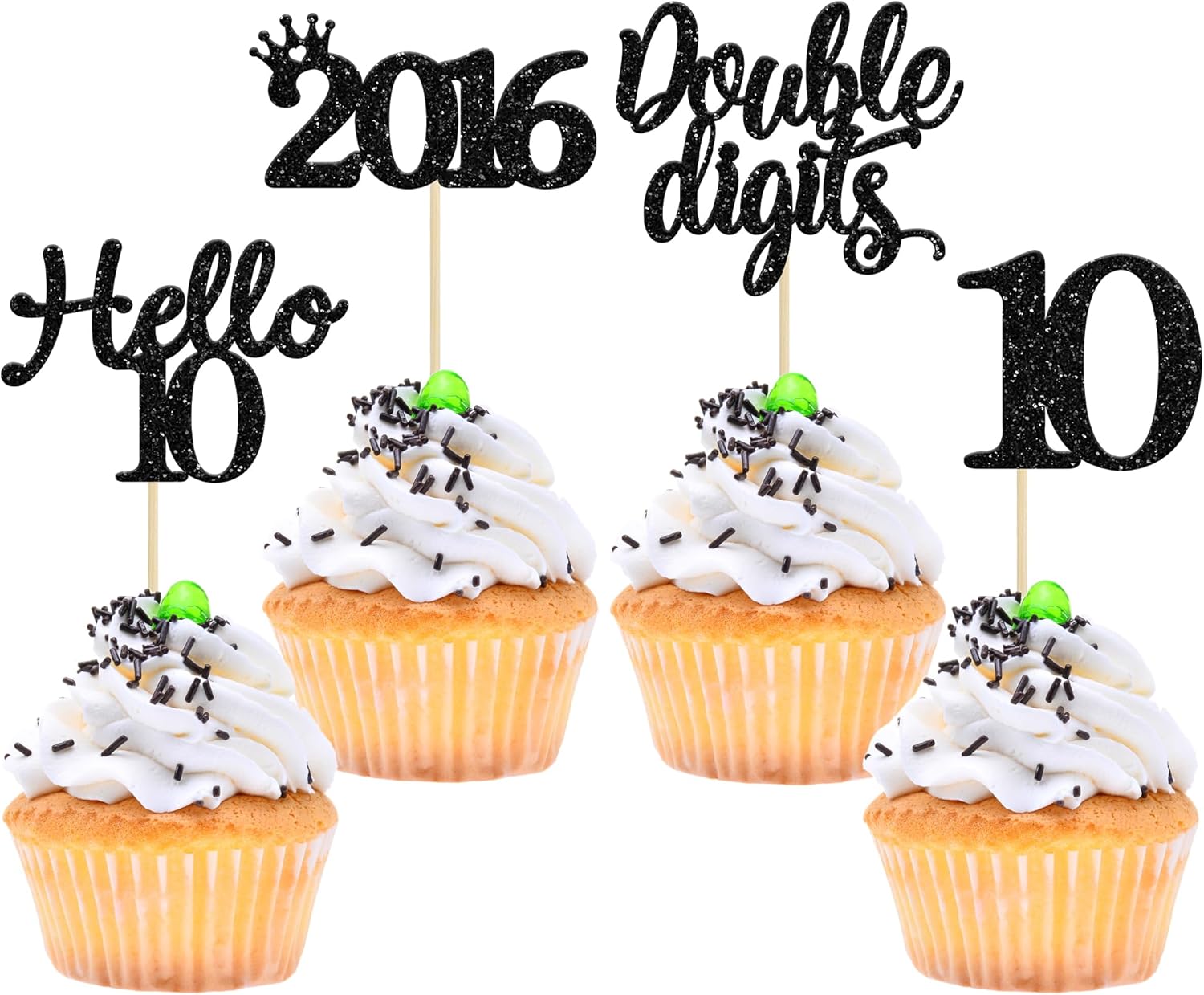 Gyufise 24 Pack Black Glitter Happy 10th Birthday Cupcake Toppers 10 Ten Hello 10 Double Dights Since 2016 Cupcake Picks for 10th Birthday Party Decorations