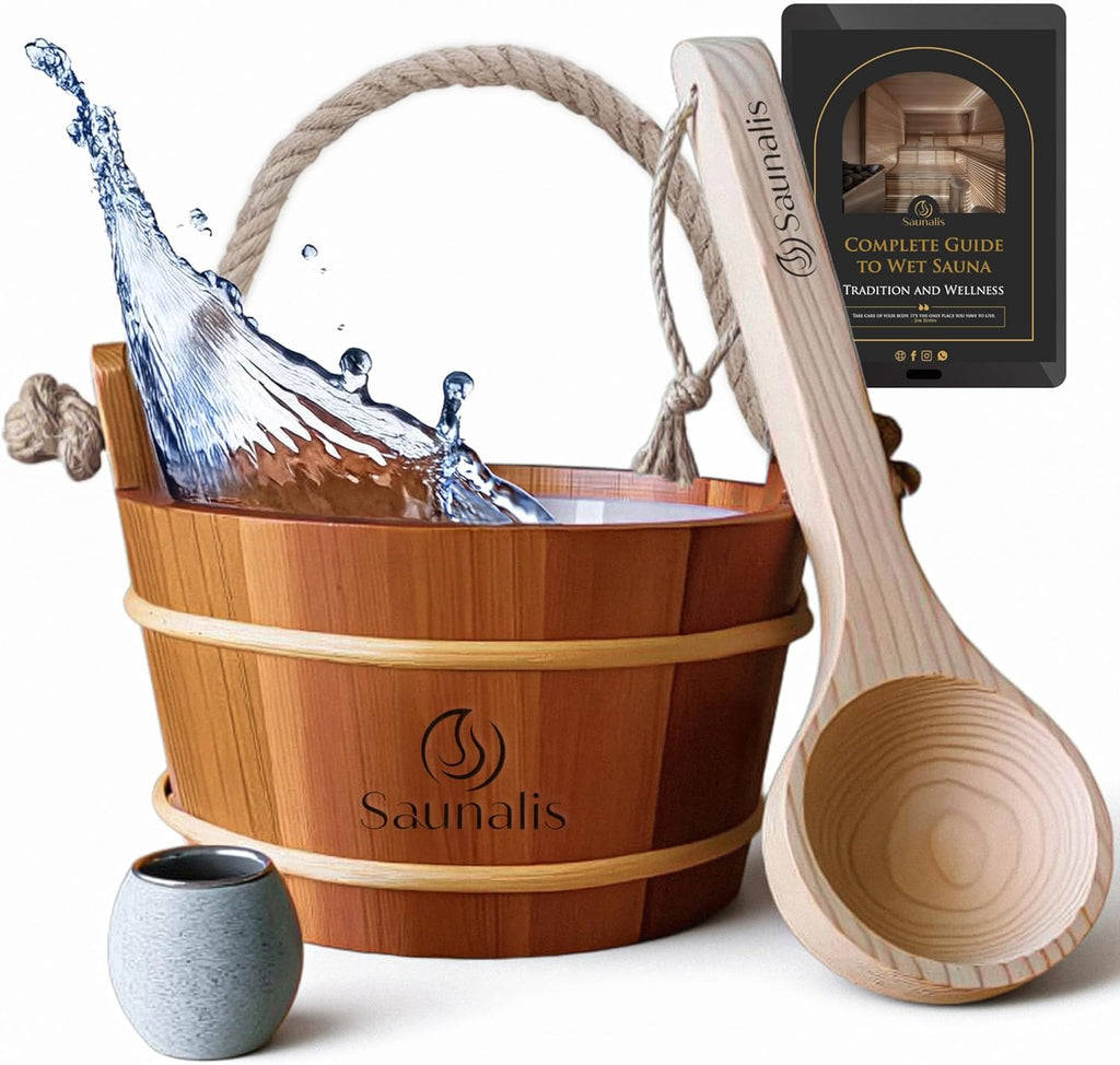 Sauna Bucket and Ladle Set – Canadian Red Cedar Wood – 1 Gallon (4L) Wooden Sauna Water Bucket with Liner & Rope Handle – Includes Aromatherapy Diffuser Cup – Traditional Finnish Sauna Accessories