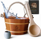 Sauna Bucket and Ladle Set – Canadian Red Cedar Wood – 1 Gallon (4L) Wooden Sauna Water Bucket with Liner & Rope Handle – Includes Aromatherapy Diffuser Cup – Traditional Finnish Sauna Accessories