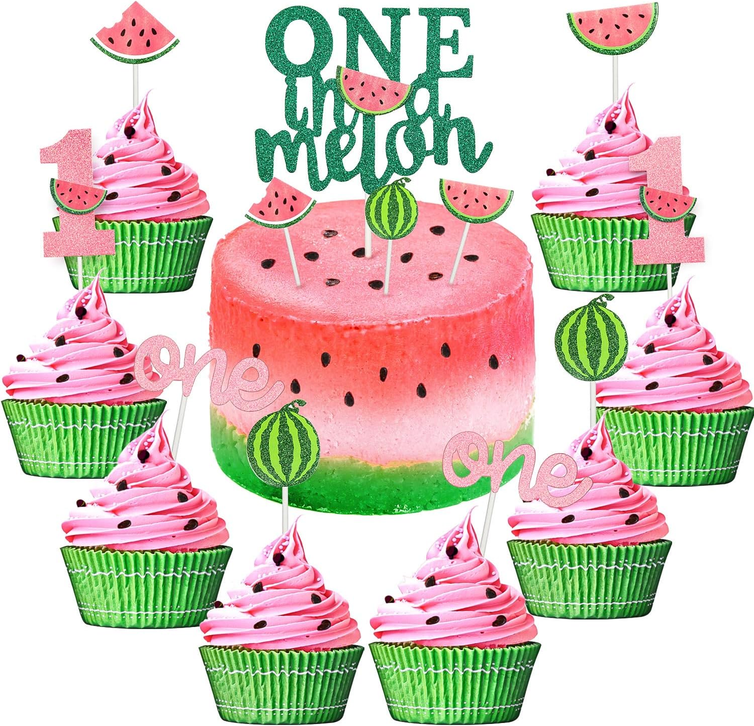 Set of 27 One in a Melon Cake Cupcake Toppers Glitter Watermelon Cake Toppers 1st Birthday Party Cake Decor Watermelon Themed Kids Party Supplies Decorations for Baby Shower, Girl's Birthday