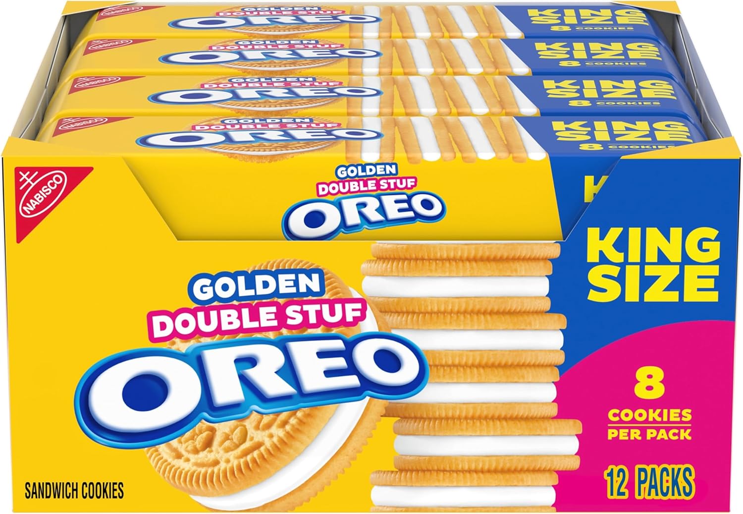 OREO Double Stuf Golden Sandwich Cookies, King Size, 12 Snack Packs (8 Cookies Per Pack)