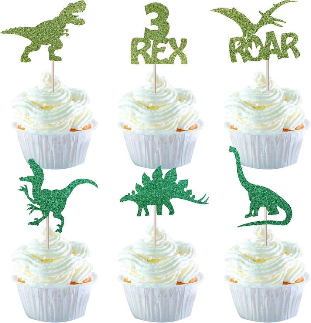 24 Pack Dinosaur Cupcake Toppers Glitter 3 Rex Roar Dinosaur Cupcake Picks Three Years Old Dino Theme Baby Shower Third Birthday Party Cake Decorations Supplies Green