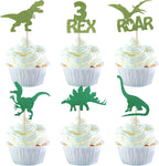 24 Pack Dinosaur Cupcake Toppers Glitter 3 Rex Roar Dinosaur Cupcake Picks Three Years Old Dino Theme Baby Shower Third Birthday Party Cake Decorations Supplies Green