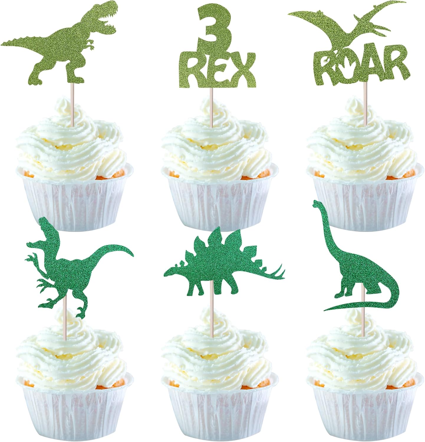 24 Pack Dinosaur Cupcake Toppers Glitter 3 Rex Roar Dinosaur Cupcake Picks Three Years Old Dino Theme Baby Shower Third Birthday Party Cake Decorations Supplies Green