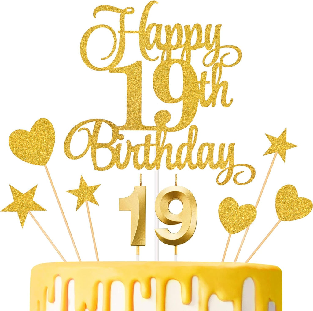 19th Birthday Cake Decorations, 19th Birthday Candles Cake Numeral Candles and Glitter Happy 19th Birthday Cake Toppers Set for Birthday Party Supplies (Gold)
