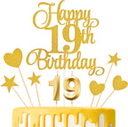 19th Birthday Cake Decorations, 19th Birthday Candles Cake Numeral Candles and Glitter Happy 19th Birthday Cake Toppers Set for Birthday Party Supplies (Gold)