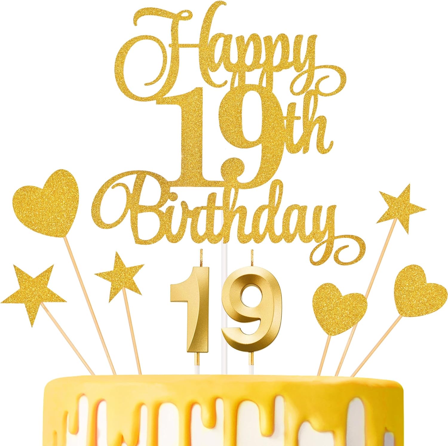 19th Birthday Cake Decorations, 19th Birthday Candles Cake Numeral Candles and Glitter Happy 19th Birthday Cake Toppers Set for Birthday Party Supplies (Gold)