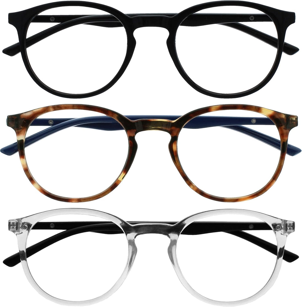 OPULIZE MET Blue Light Blocking Reading Glasses for Women Men, Slim Round Frame with Scratch Resistant and Spring Hinges, Computer Glasses with Anti-Reflective, Black,Brown,Clear +2 (Pack of 3)