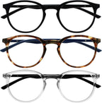 OPULIZE MET Blue Light Blocking Reading Glasses for Women Men, Slim Round Frame with Scratch Resistant and Spring Hinges, Computer Glasses with Anti-Reflective, Black,Brown,Clear +2 (Pack of 3)