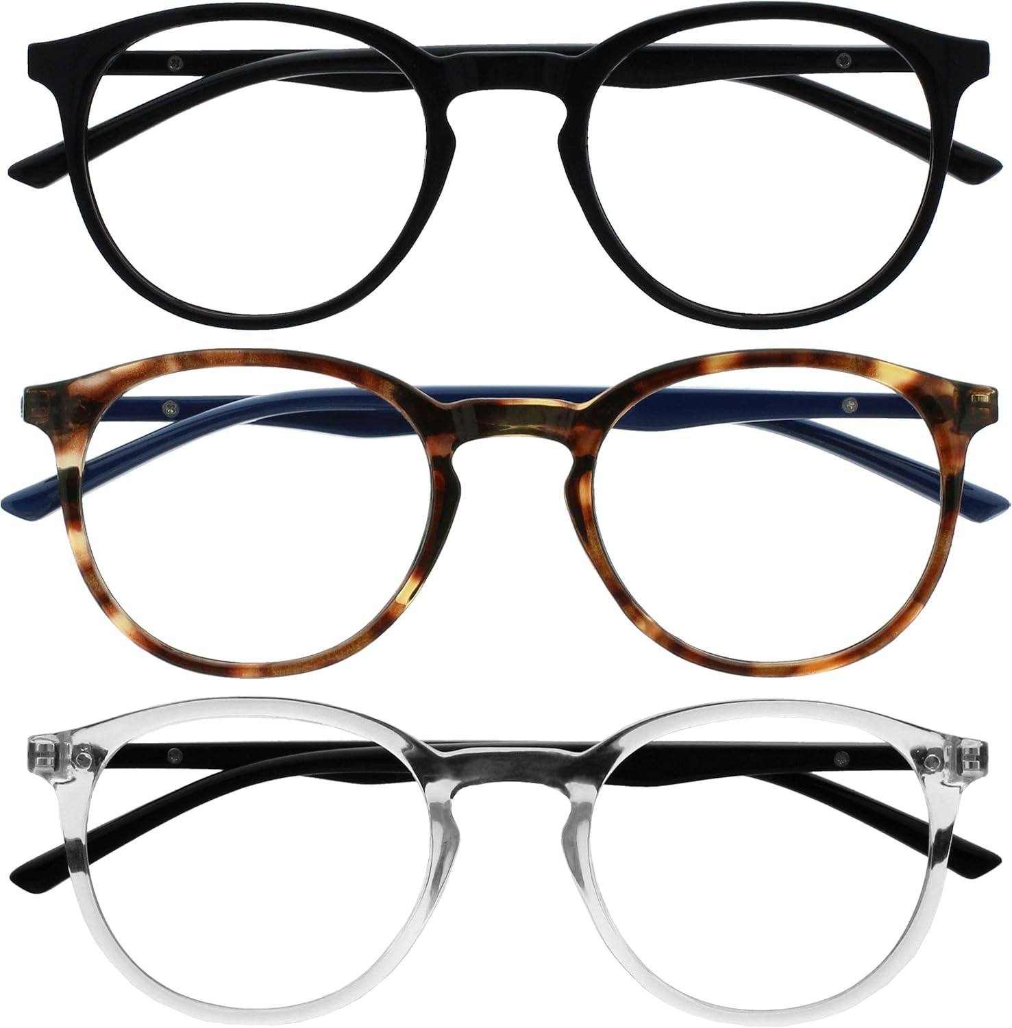 OPULIZE MET Blue Light Blocking Reading Glasses for Women Men, Slim Round Frame with Scratch Resistant and Spring Hinges, Computer Glasses with Anti-Reflective, Black,Brown,Clear +2 (Pack of 3)